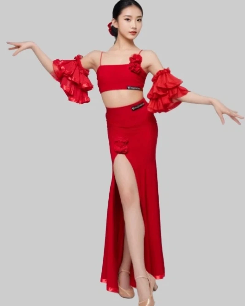 

Детские латинские танцы, новые современные перчатки с витым ремешком и цветочным принтом, тренировочная одежда, платье для выступлений на сцене для девочек