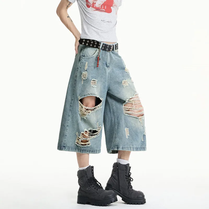 LUZHEN Niche 2026 Summer Original Personalized Broken Hole Wornout Design Straight Cropped Trousers Men's Fashion Jeans JY8884
