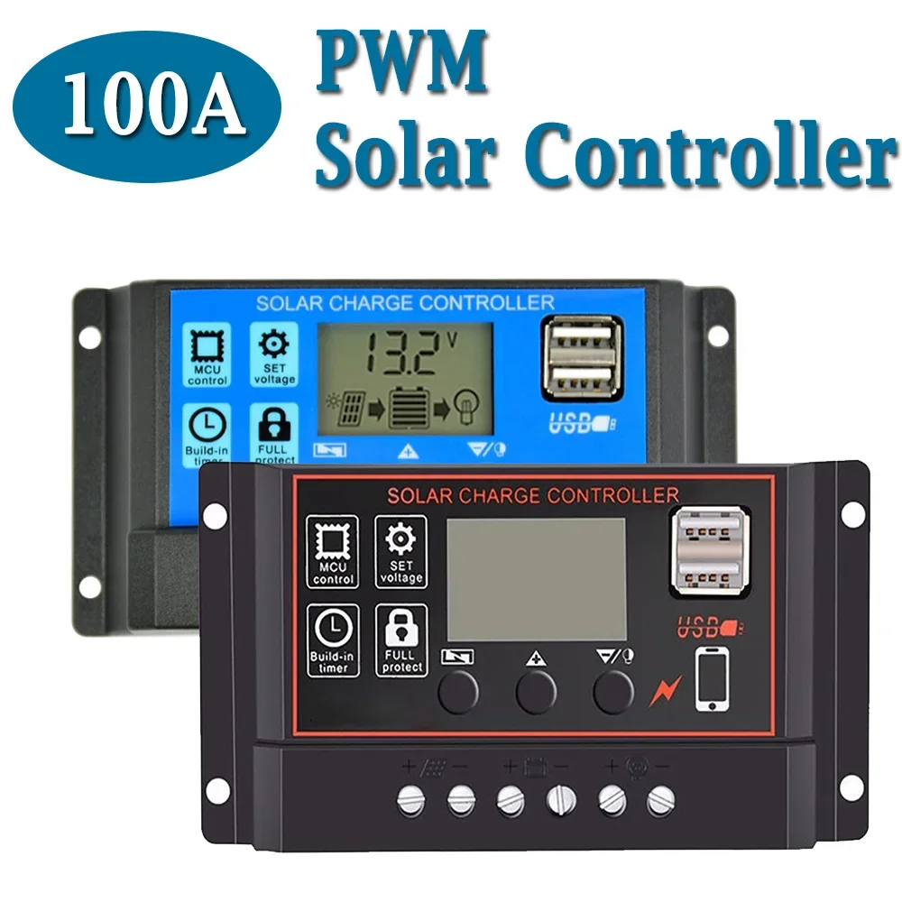 

PWM Controller 100A 12V 24V Automatic Generation & Discharge for Solar System 2-USB 5V Solar Panel Charging LCD Display