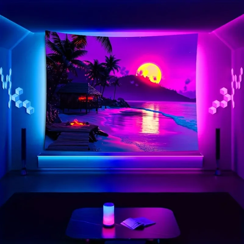 Picture 5: Vibrant Beach Nightscape Neon Tapestry,UV tapestry wall hanging bedroom home party decoration