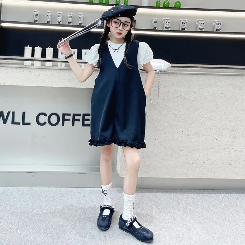 

Summer Girls Suits 2024 Fashion Girls Korean Style Children Fancy Flower Sleeve Top Suspenders Simple Casual Suits Fashion