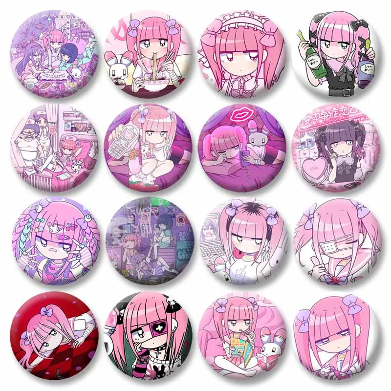 Y2K Cartoon Figure Menhera Chan Soft Button Pins Kawaii Anime Tinplate Snap-in Brooch Badge Backpack Accessories Jewelry Gift