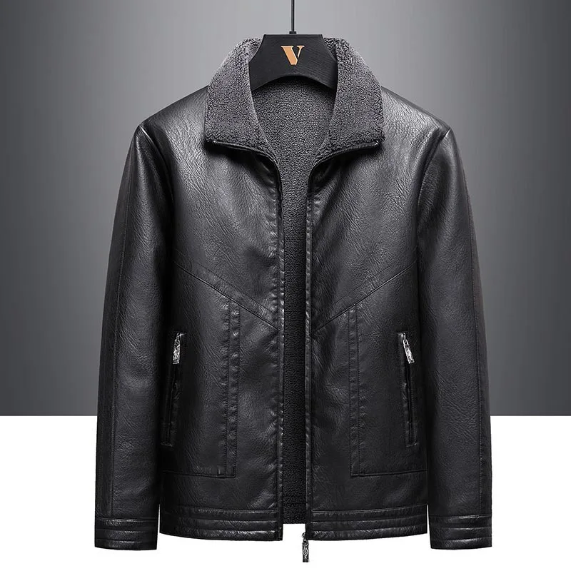 

Mens Fur Leather Jacket Autumn Winter Fleece Thickened Lambswool Warm Fashion Casual Coat