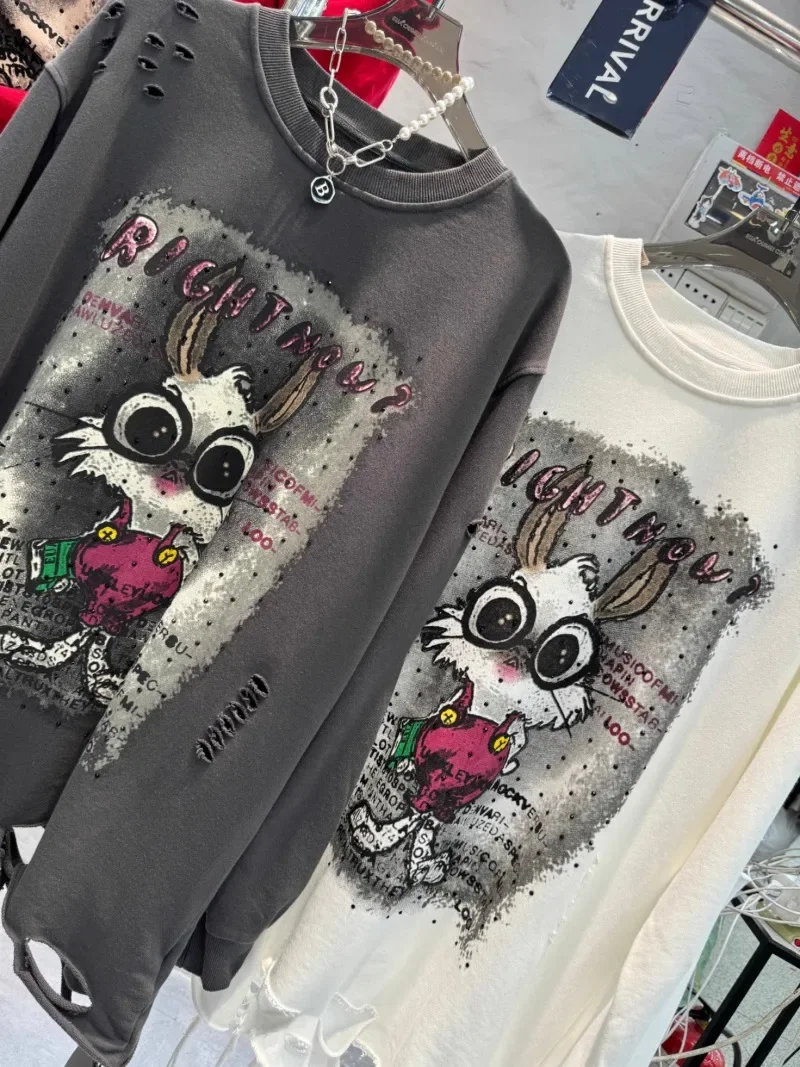 2024 New Ripped Long-sleeved Sweatshirts Female Fashion Sticker Diamond Cartoon Rabbit Design Sense Loose And Thin Outer Hoodies