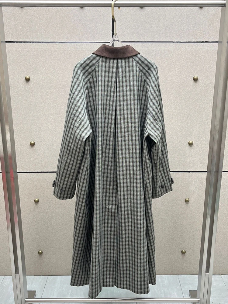Corduroy patchwork square neck checkered trench coat, a new stylish and elegant long women's coat for autumn and winter 2026