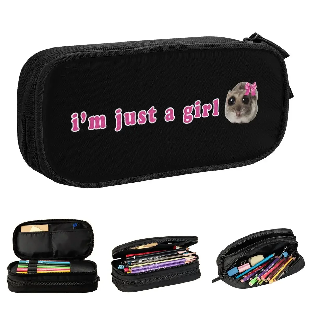 Sad Hamster I'm Just A Girl Pencil Cases Cartoon Pencilcases Pen Box for Student Large Storage Bag Students School Stationery