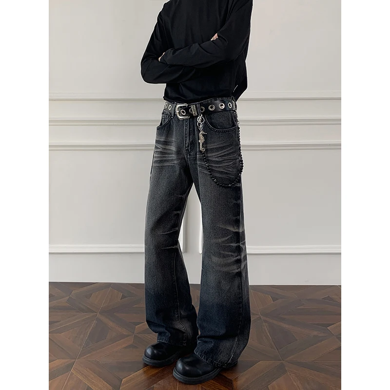 plus Size Slim Fit Zip-Fly Button Jeans Vintage Washed Gradient Bootcut Stretch Denim Pants for Men Retro Flared Trousers