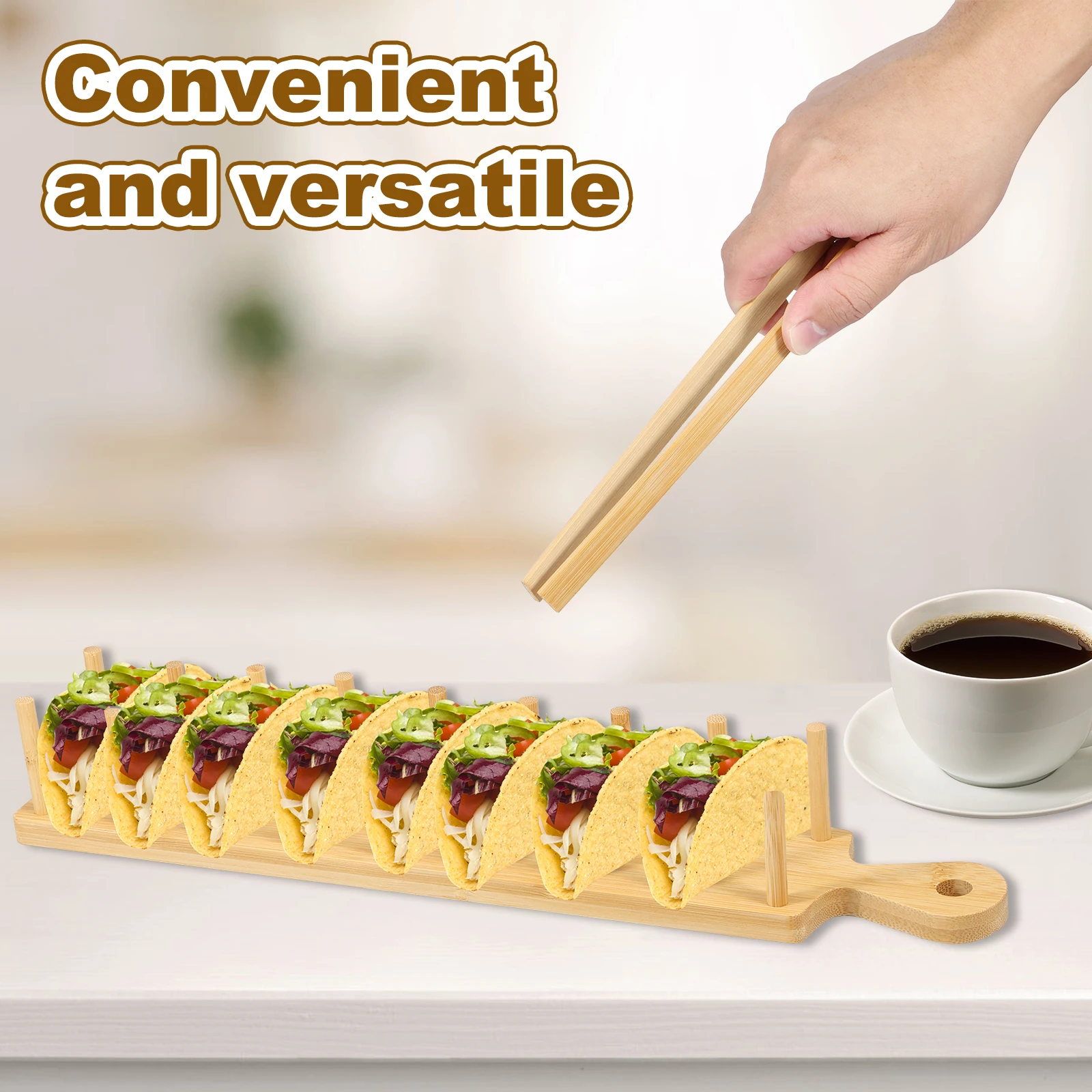 Bamboo Taco Tray with Tong Rectangular Taco Holder Holds Potato Chips Corn Roll Rack Tortilla Burritos Shelf for Home Kitchen