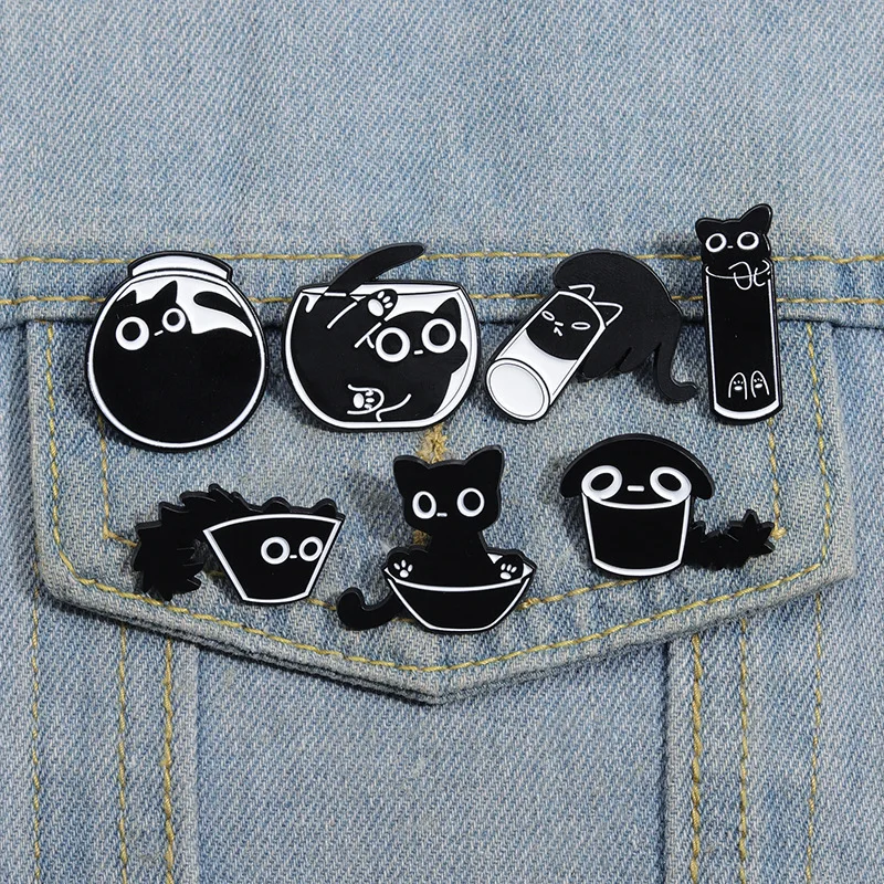 Fun Fish Tank Black Cat Enamel Pins Punk Animal Cartoon Brooch Lapel Badge Backpack Hat Clothes Collar Pin Accessories Cute Gift