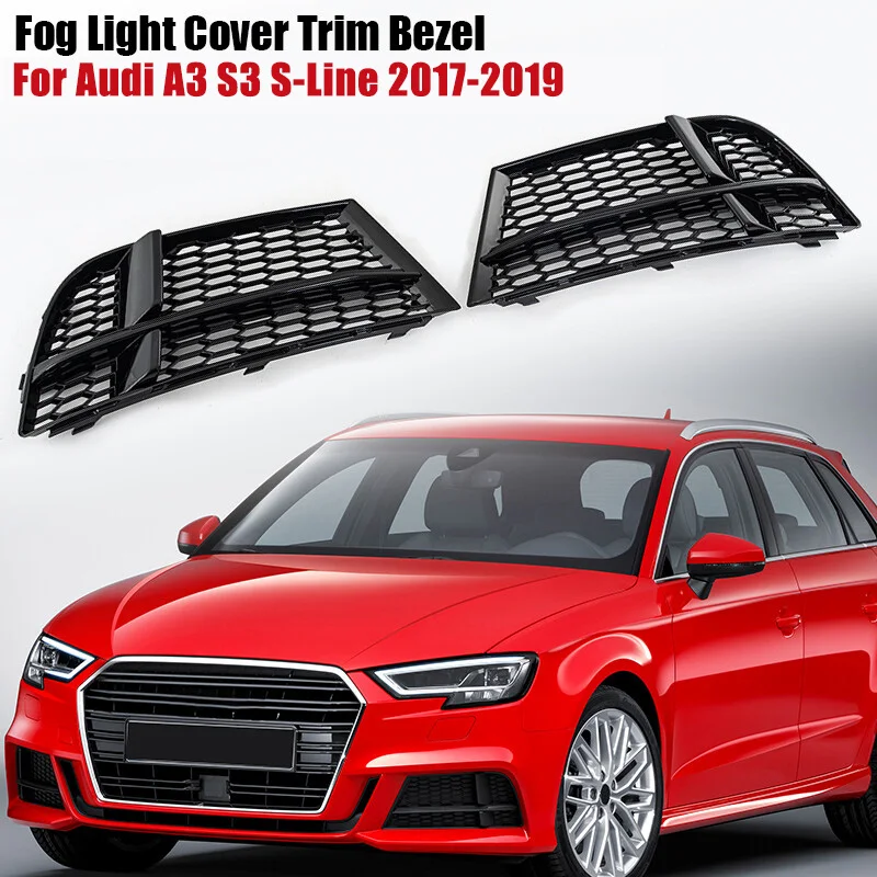 Glossy Black Honeycomb Front Fog Light Grille for Audi A3 S3 S-Line 2017-2019 Bumper Intake Mesh Cover Lower Grill