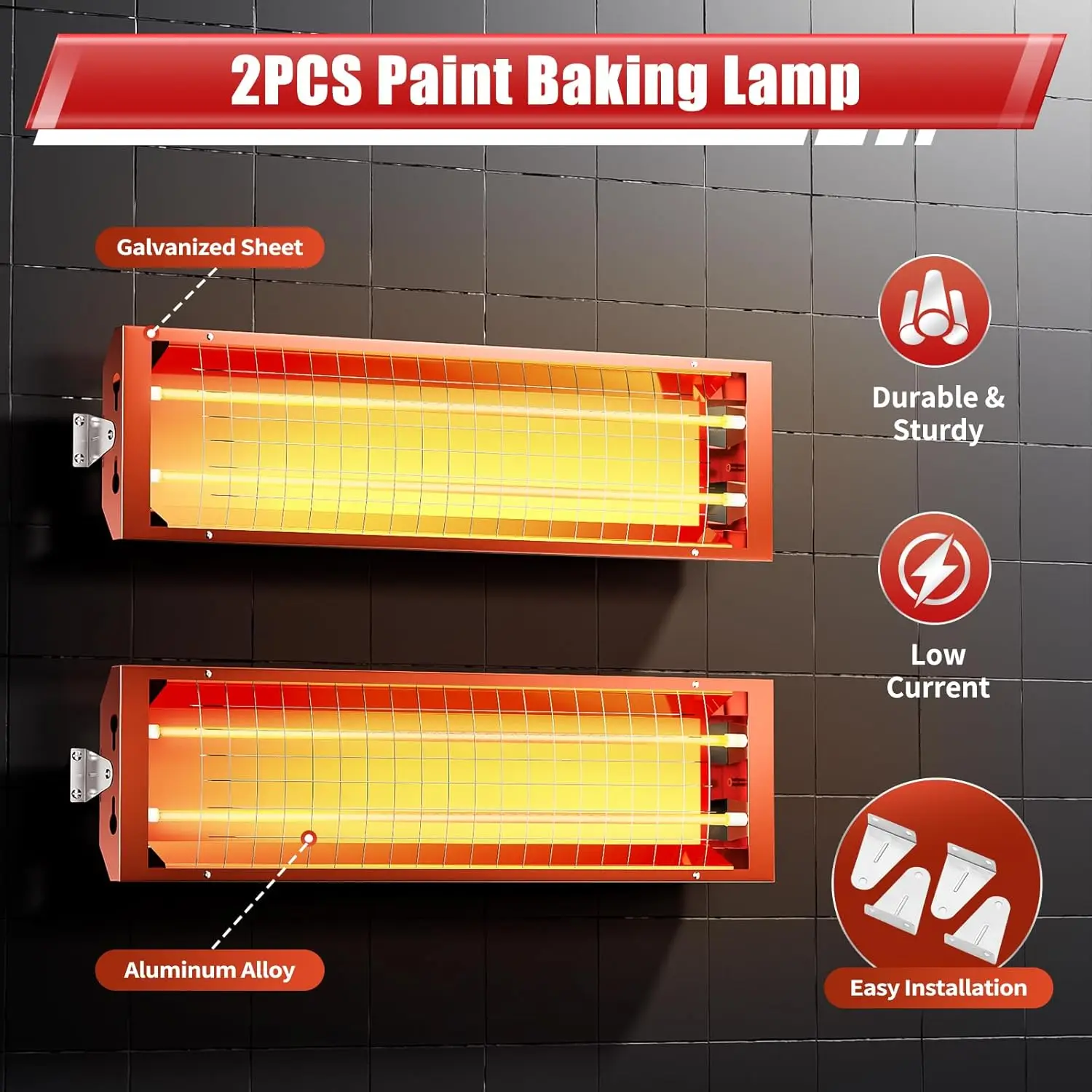 

110V 2Pack Infrared Paint Curing Lamp Dual Tube - 2000W High Efficiency, 35.3ft³ Heating Area, 45°Angle Adjust, Heat Resistant