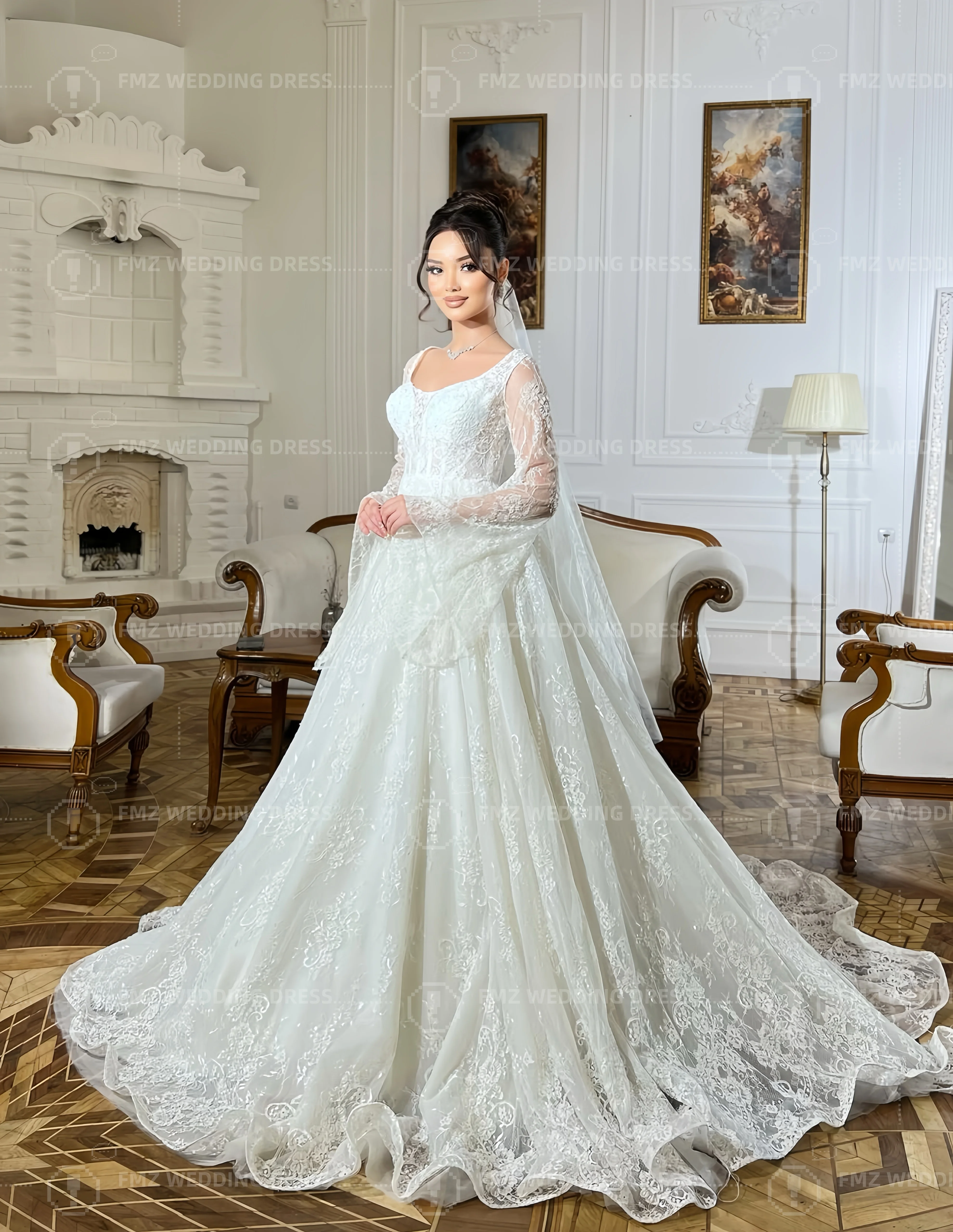 Элегантное кружевное свадебное платье трапециевидной формы с длинными рукавами и воротником-ложкой по индивидуальному заказу, официальное платье amanda novias