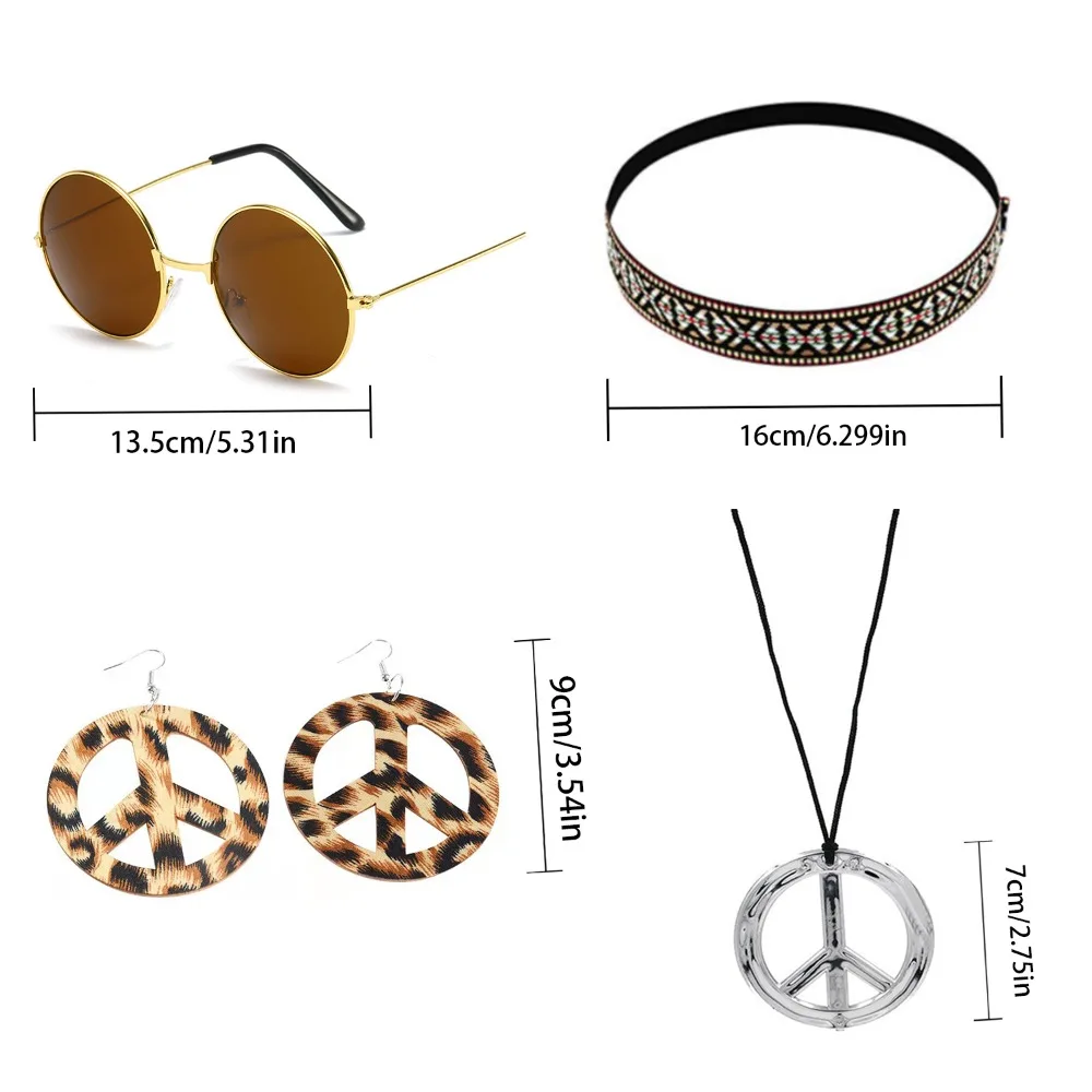 PESENAR Peace Logo Accessory Set (including sunglasses, patterned neckband, leopard print earrings, silver necklace)