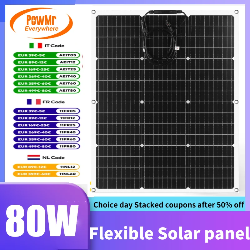 PowMr 18V 80W Flexible Solar Panel Monocrystalline for RV Car Yacht Outdoor Battery Portable Battery Charger Camping Emergency