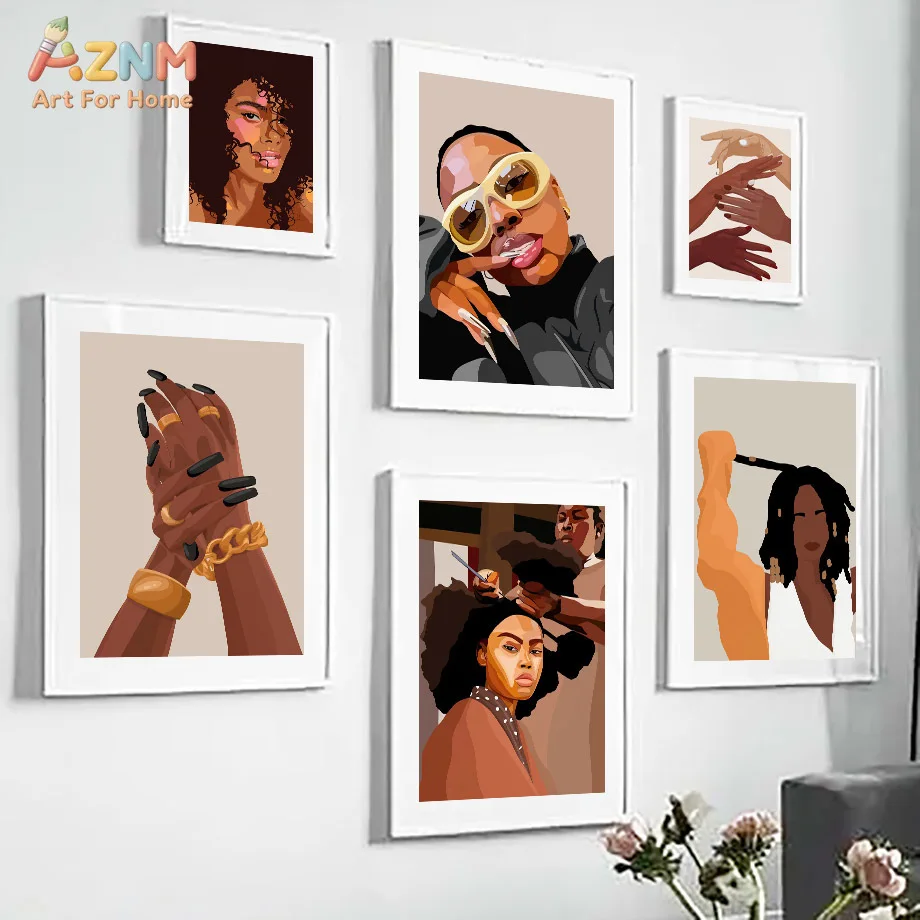 AZNM Melanin Black Woman Canvas Print Gold Jewelry Dollar Hairstylist Positive Black Pride Text Fashion Female Portrait Wall Pos