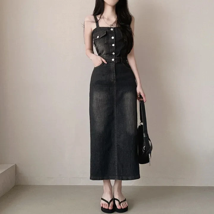 한국 스타일 벨트 데님 드레스 여성용 초가을 신상 슬림 롱 스커트 패셔너블 우아한 나이를 잊게 하는 드레스