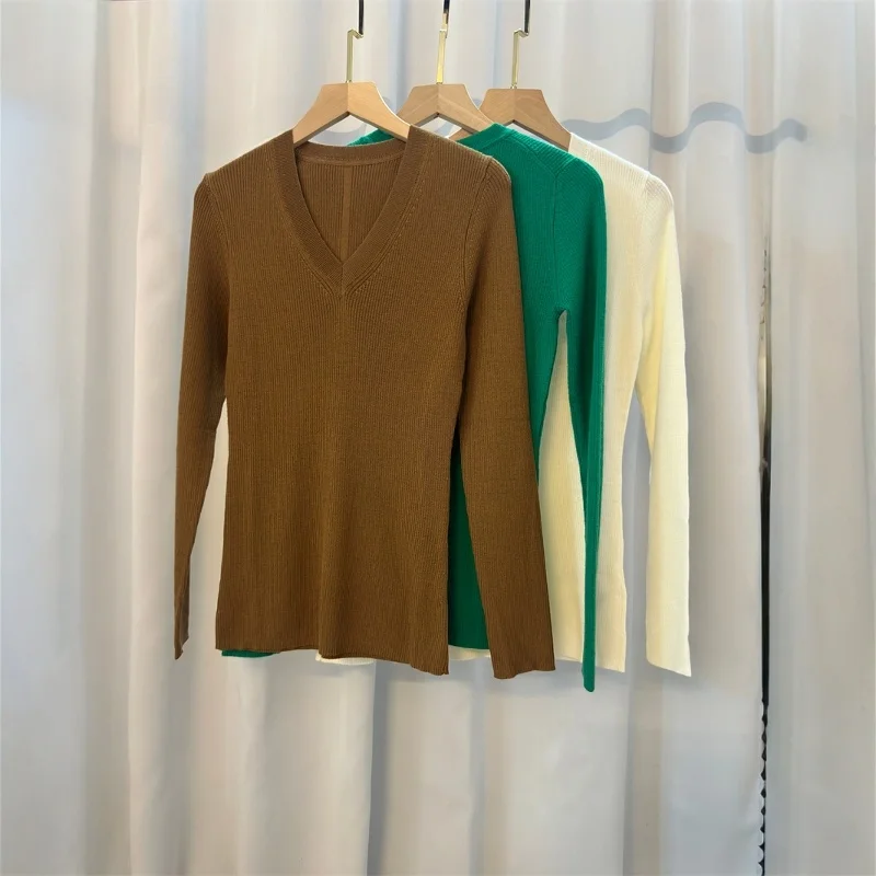 

00% шерстяной вязаный свитер V-Ne Long Sve Commute Sle, обычная длина, однотонная внутренняя одежда, трикотаж в рубчик из пряжи Yangzi