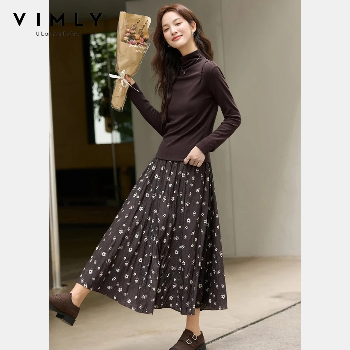 

VIMLY женские осенние костюмы с юбкой 2025 повседневные вязаные топы с цветочным принтом в складках длинные юбки элегантные комплекты для женщин из 2 предметов A2961