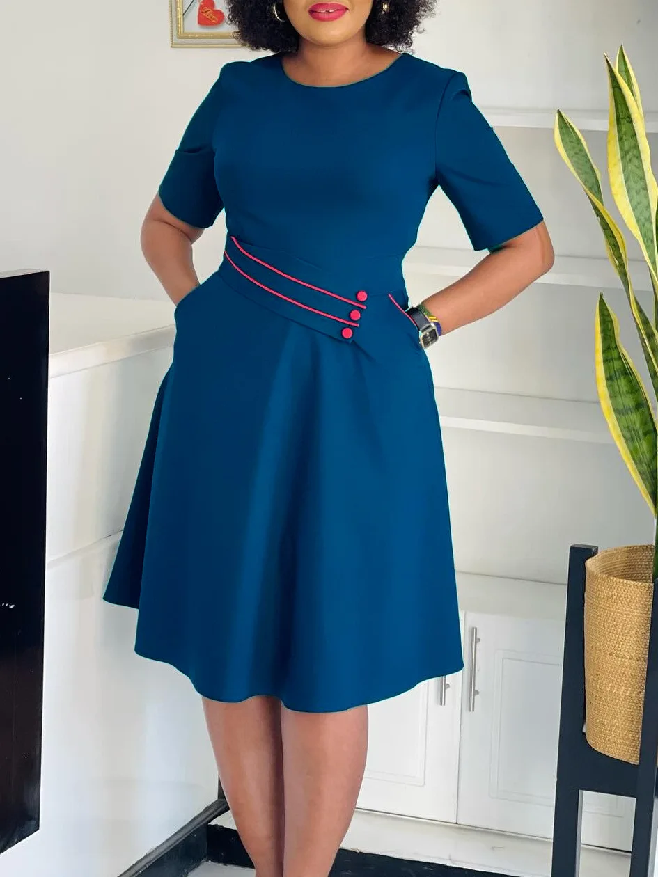 

Women's High-Waisted Wide-Hem Dress Short-Sleeved Solid Color Fashion 2025 New Arrival