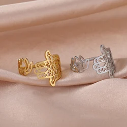 Sipuris Lotus Hamsa Hand Adjustable Rings For Women Stainless Steel Hot Fashion Hand Of Fatima Finger Amulet Rings Jewelry Gifts