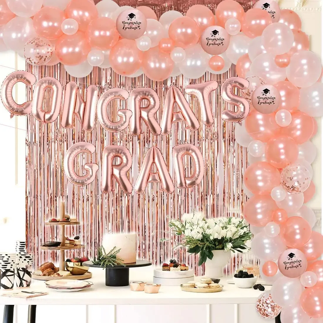 

Graduation Party Decorations Rose Gold Balloon Garland Arch Kit with Foil Fringe Curtain Confetti Balloons for Graduation