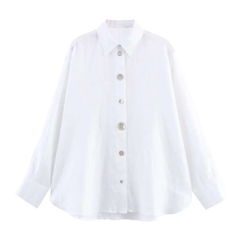 2025, dames nieuw shirt herfstmodel effen lange mouw gesplitste knop decoratie eenvoudige stijl shirt casual mode los