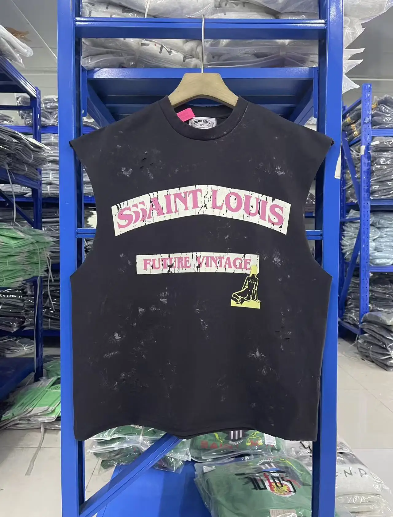 SSSAINT LOUIS 26SS Handmade stencil logo printed washed and distressed sleeveless t-shirt American style trendy accessory