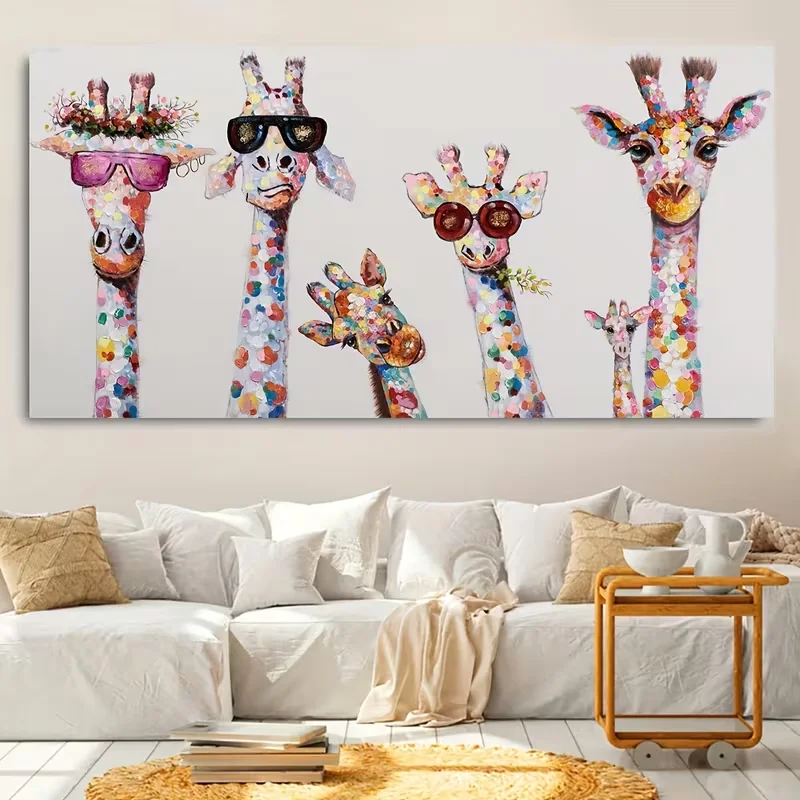 2D Flat, [2D FLAT] 1pc Unframed Canvas Poster, Colorful Giraffe Painting, Classics Style, Canvas Wall Art, Artwork Wall Painting