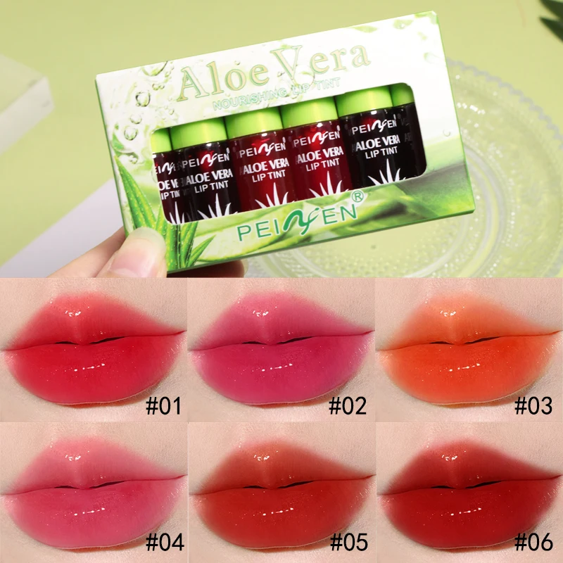 6-Pack Aloe Vera Tinted Lip Oil, Hydrating and Moisturizing Small Set Lip Glaze, Lip Care Long-Lasting Moisturizing Oil