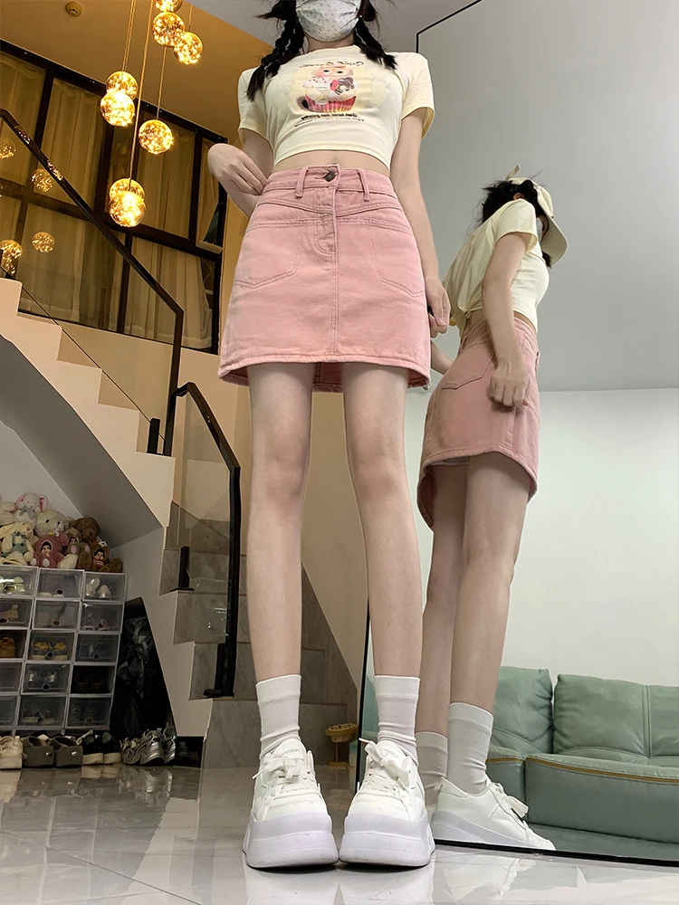 

Розовая джинсовая юбка, женская тонкая антилегкая юбка трапециевидной формы большого размера с высокой талией, корейская юбка на молнии на пуговицах