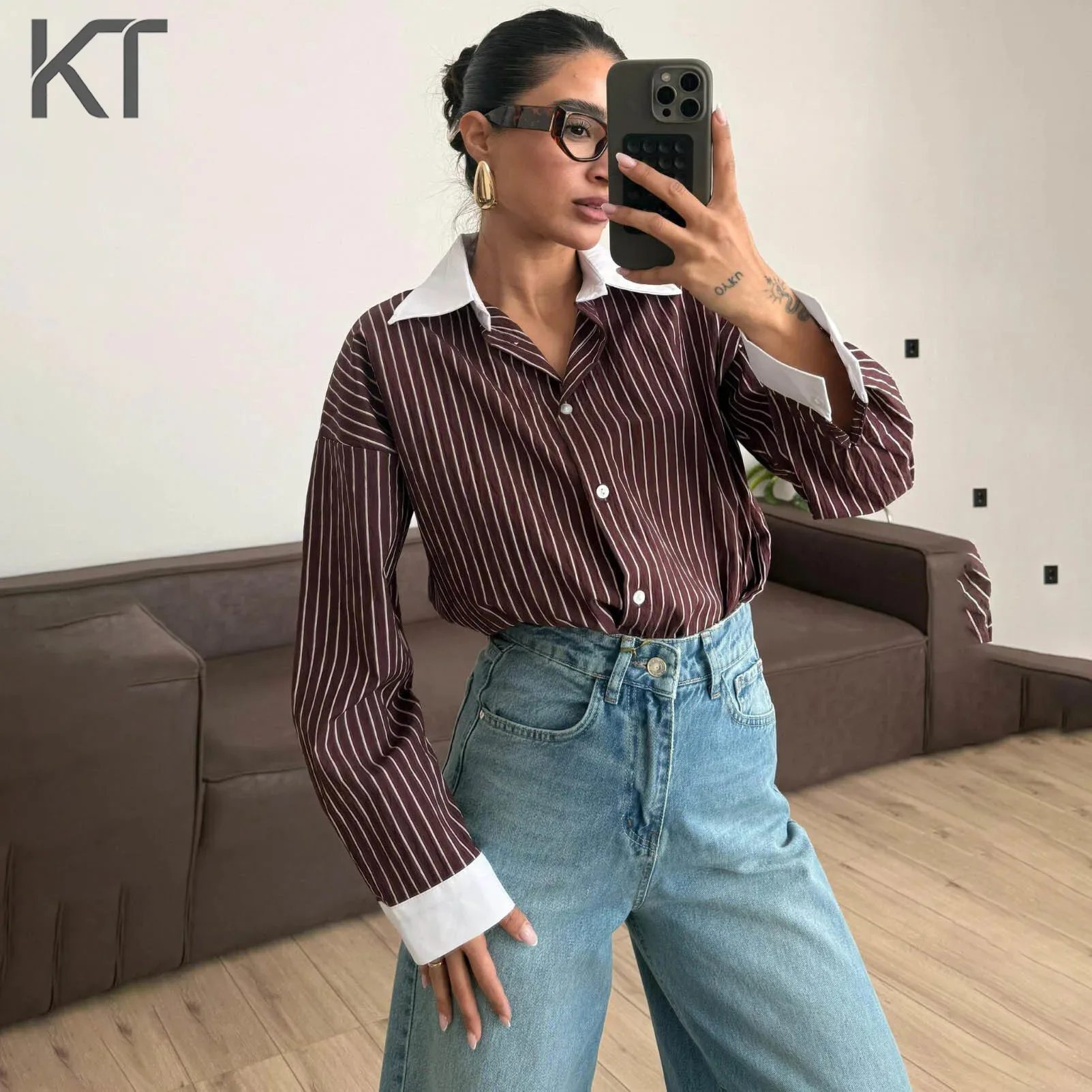 

Elegant KT Contrast Collar Striped Shirt for Women Long Sleeve Button Down Oversized Textured Fabric Office Daily Wear Blouses