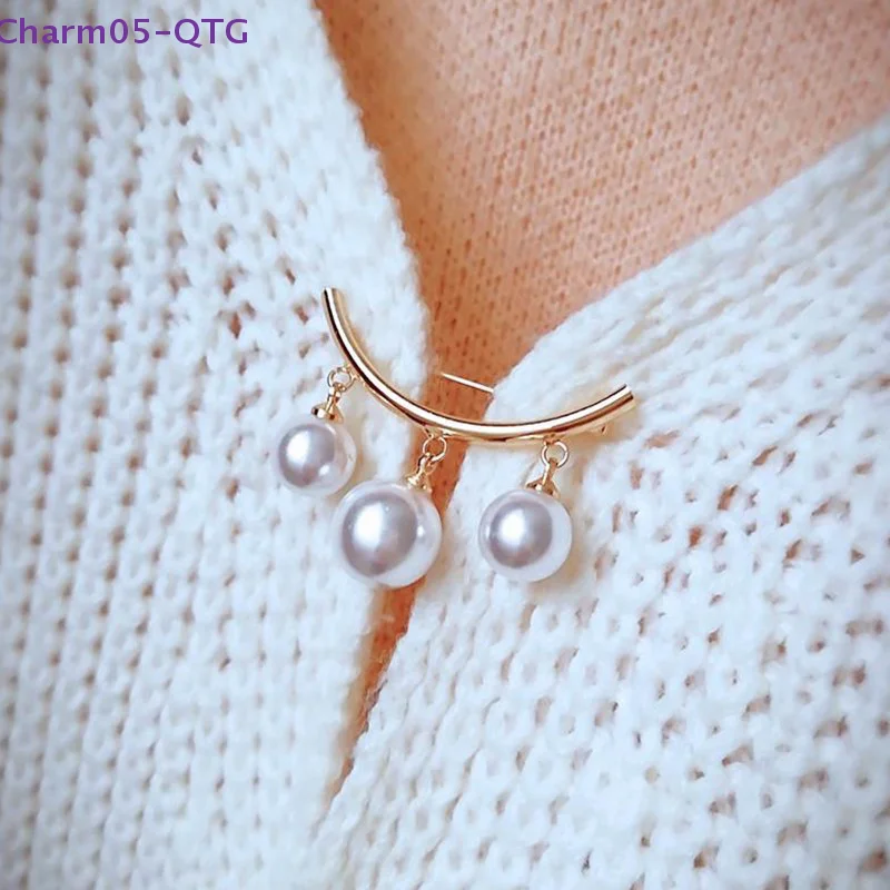 NEW Fashion Pearl Fixed Strap Charm Safety Pin Brooch Sweater Cardigan Clip Chain