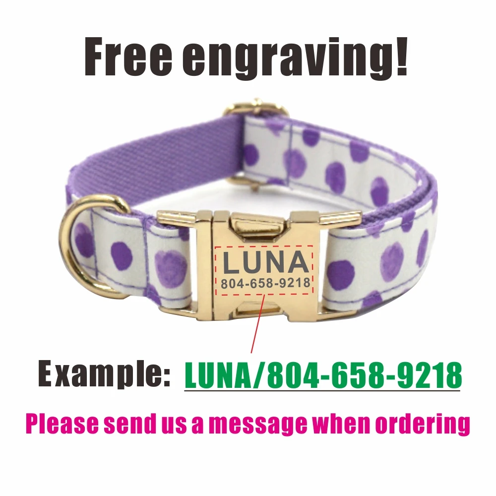 Personalized Dog Collar with Free Engraving, Matching Pet Leash,Customzied Contacts Metal Buckle,Purple Bubble Pet Collar