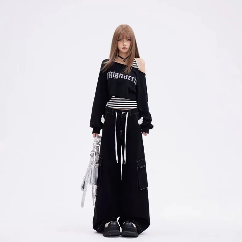 Deeptown Black Cropped Sweatshirts Women Y2k Off Shoulder 2000s Aesthetic Striped Two Pieces Sets Lace Up Gyaru Streetwear Retro
