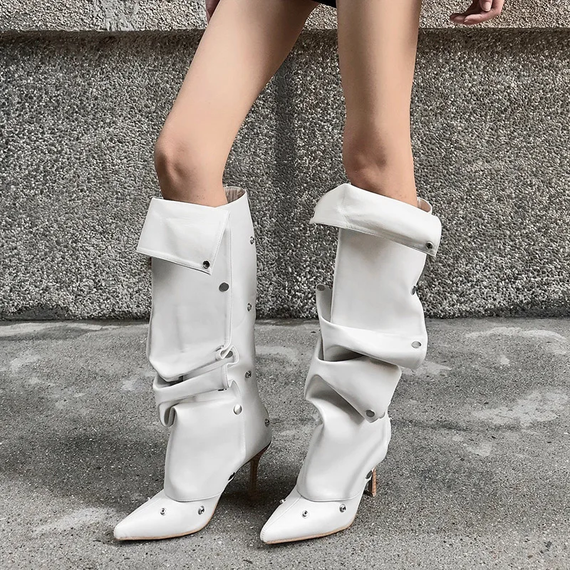 

New Retro Pointed Toe Cowboy Western Boots Long Tube Boots Women Button Knight Boots Women Thin High Heels Knee-High Boots Women
