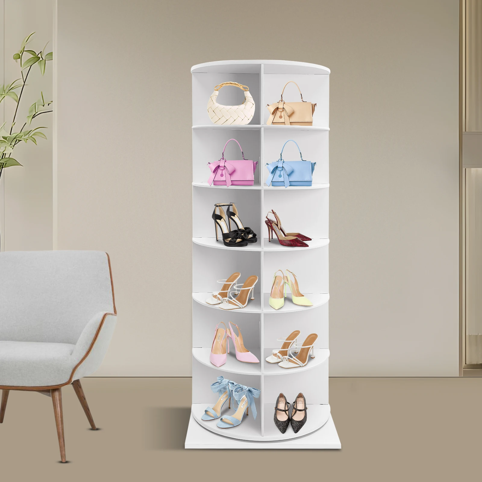 360° Rotating Shoe Rack, 6-Tier Freestanding White Shoe Storage Organizer Holds 24 Pairs, Foamed PVC & Wooden Revolving Shoe Shelf for Entryway, Bedroom, Cloakroom