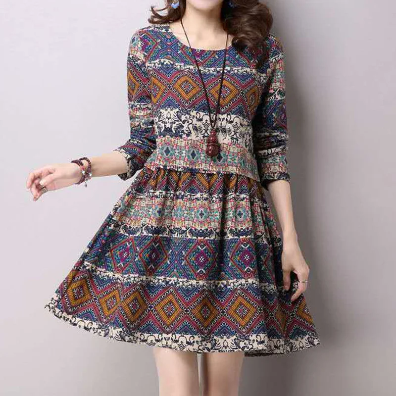 

Indie Folk Round Neck Loose A-line Spring Autumn New Vintage Geometric Printing Long Sleeve Pullover Knee-Length Dresses