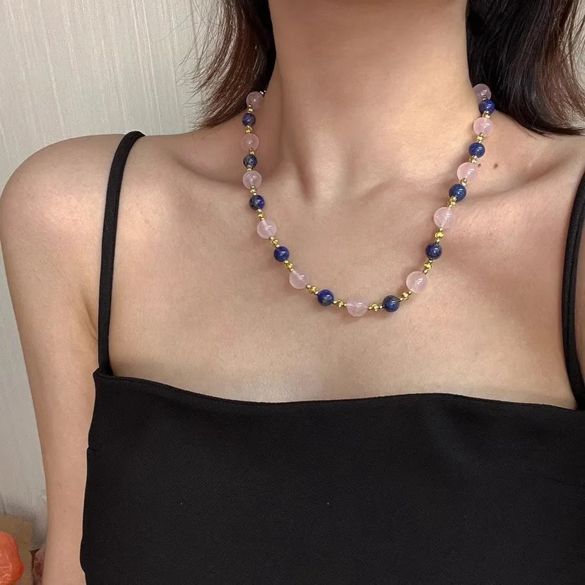 Bohemian Style Natural Rose Quartz and Blue Aventurine Jewelry Set for Women Vintage Design with Necklace and Bracelet New Item