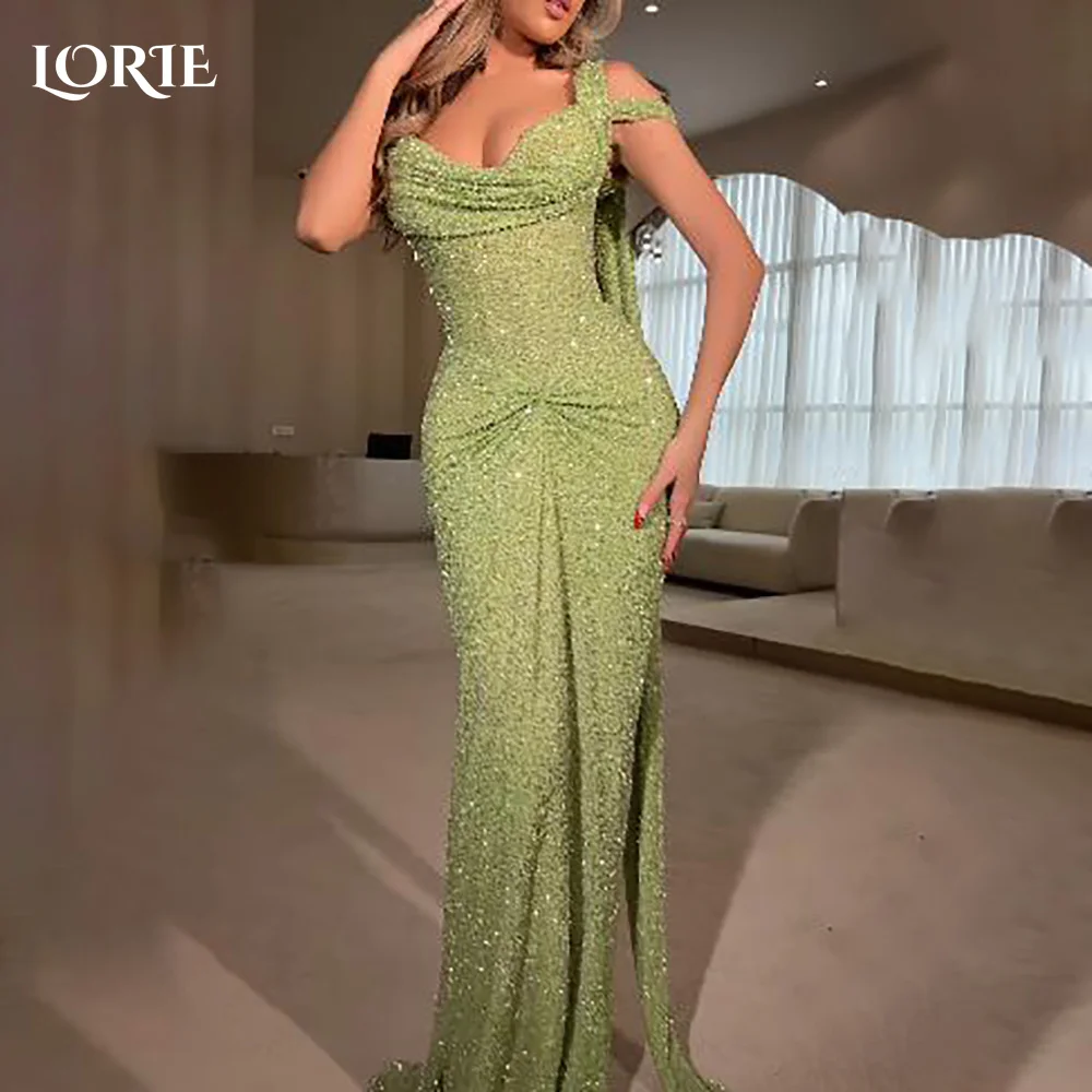 

LORIE Slit Tulle Arabia Evening DressShiny Pleats Floor Length Mermaid Prom Dresses Pleats Illsion Arabia Party Gown Customized