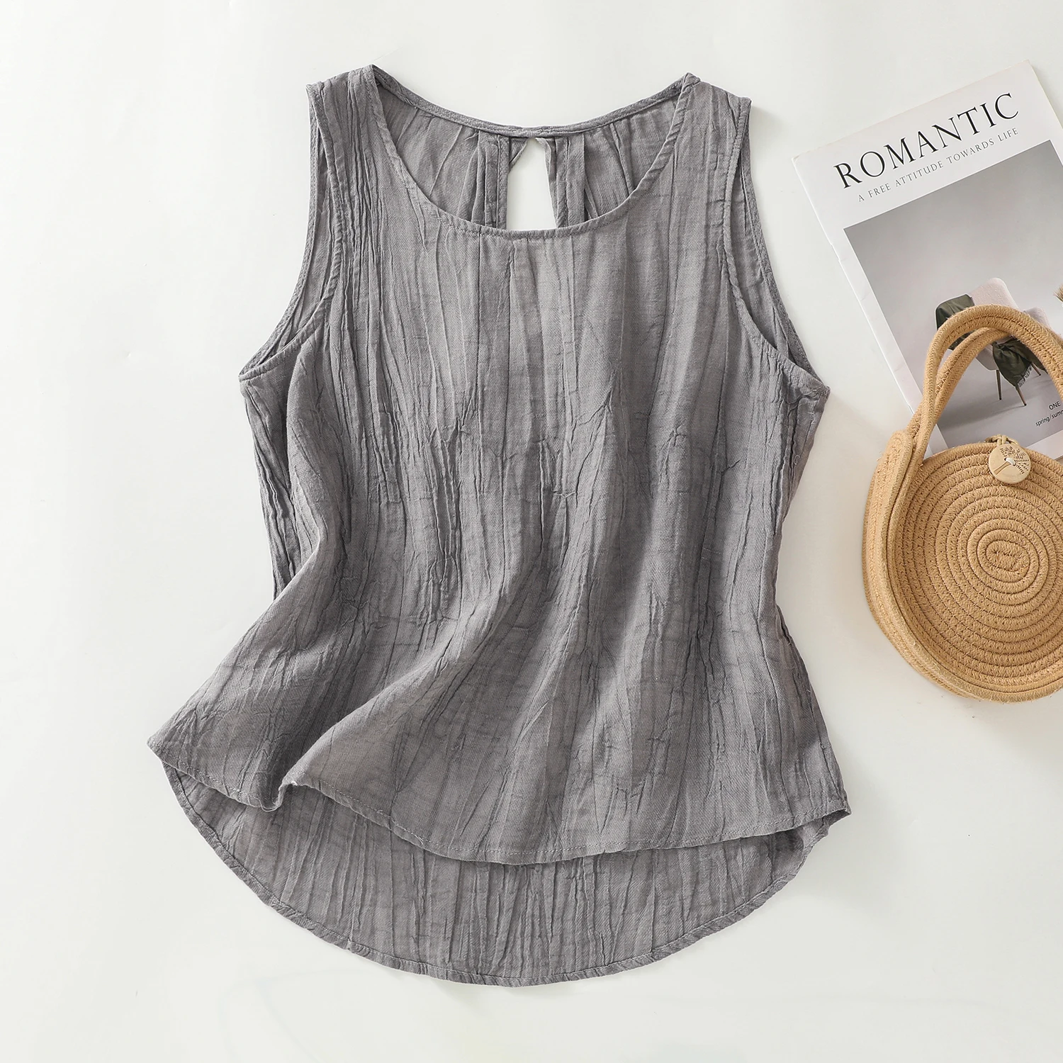 Key-Hole Back Pleated Cotton Linen Tank Top Women Summer Black White Gray Khaki Sleeveless Top Elegant Ladies Casual Loose Shirt