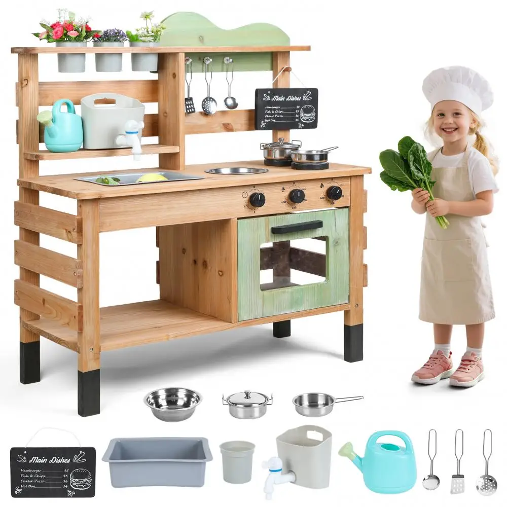 ชุดครัวโคลนกลางแจ้งสำหรับเด็ก - ก๊อกน้ำสมจริง อ่างล้างจานแบบถอดได้ และกล่องปลูกต้นไม้พร้อมกระถางรดน้ำ