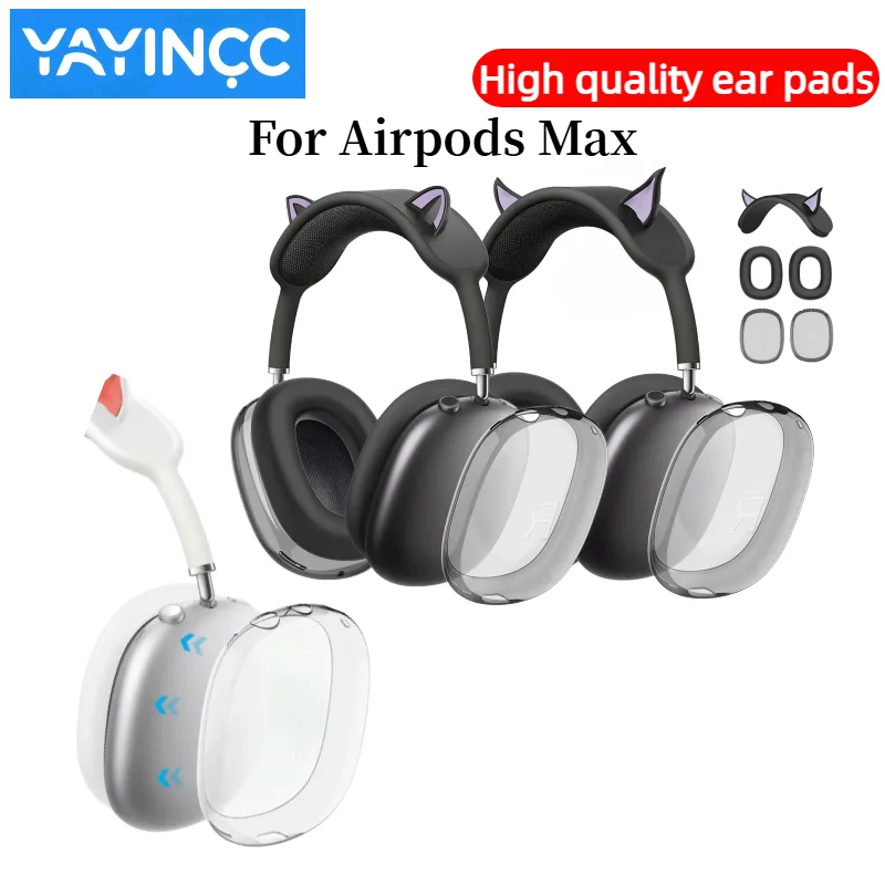 

3 in 1 Soft TPU Silicone Protector Ear Cups Case / Cat Ears for Airpods Max Transparent Earphone Headphones Cover Accessories