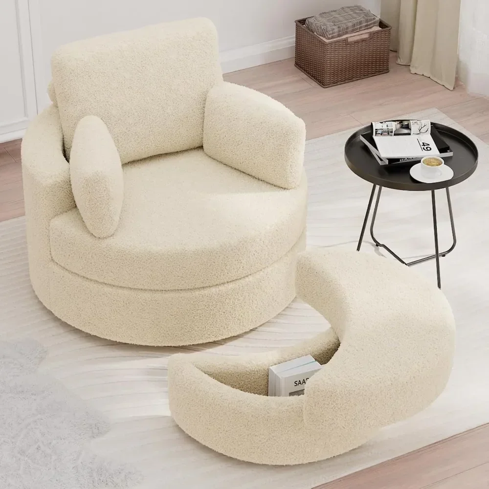 Barrel Swivel Chair with Ottoman, Cuddle Chairs Round Lounge Sofa Chair with Pillow, 360° Single Swivel Chairs for Living Room