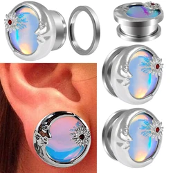 2PCS Stainless Steel Sun&Moon Ear Tunnel Plugs Earrings Flash Film Screw Fit On Gauges Expander Stretchers Piercing Body Jewelry