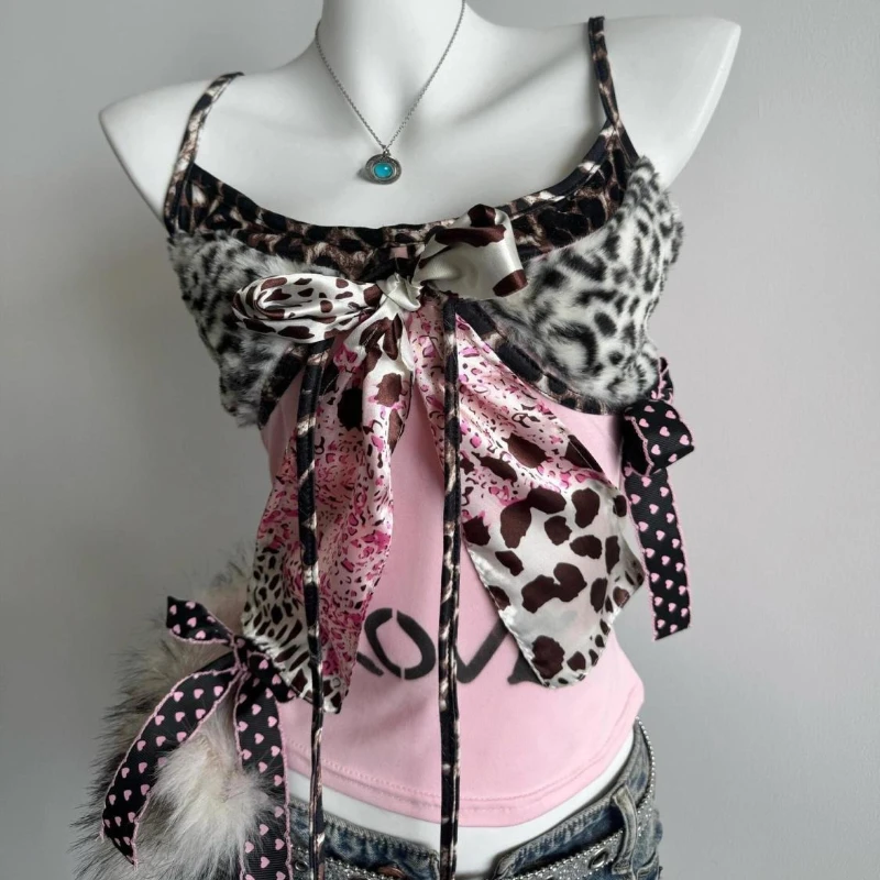 

Deeptown Vintage Sexy Leopard Print Tanks Women Y2k Gothic Bow Spicy Girl Corset Harajuku Pink Punk Femal Grunge Camis Aesthetic