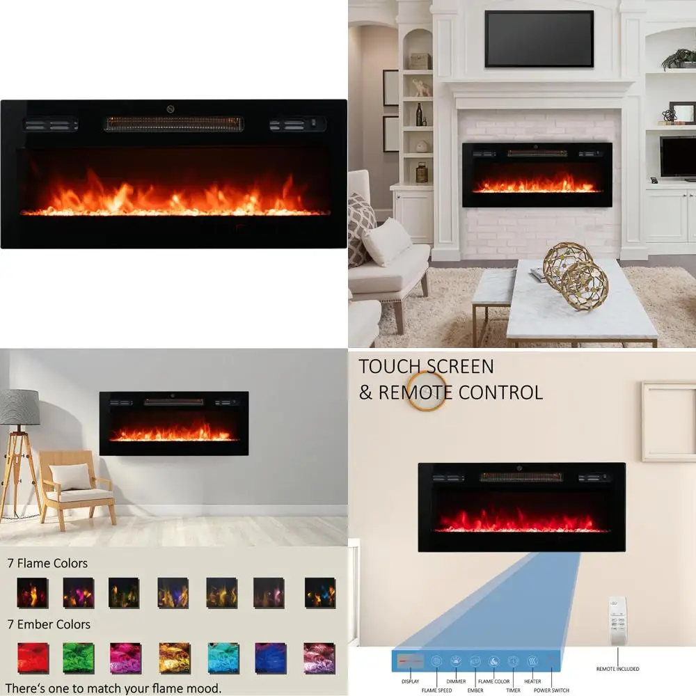 

30 Wall-Mounted Electric Fireplace with Remote Control: Recessed or Surface-Mounted Heater featuring Adjustable Multicolor Flame