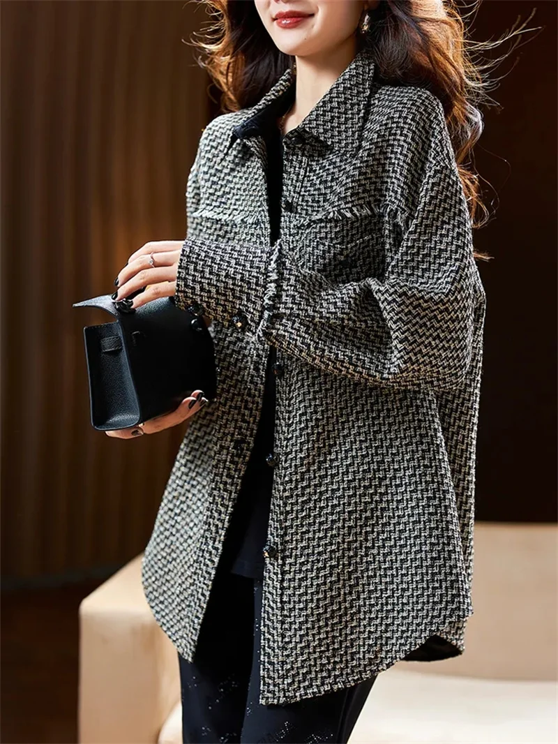 Women's 2024 Spring and Autumn New Loose and Versatile Long sleeved Thousand Bird Checker Hong Kong Flavor Outwear Shirt Coat