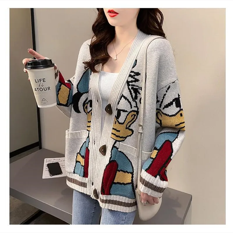 Knitted Cardigan Donald Cartoon Sweaters Women Coat Female Autumn and Winter Loose Wild Thicken Kawaii Tops Korea Popular