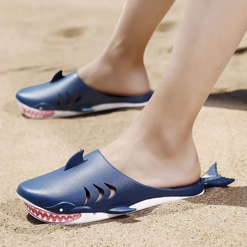 Male Boys Outdoor Beach Shoes Man Fish Slippers For Swimming Creative Streetwear Slides Men Red Shark Slipper Summer Blue Slides