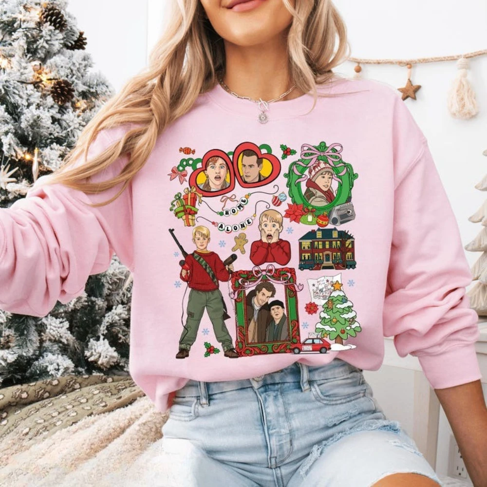 المنزل وحده عيد الميلاد البلوز المنزل وحده خطة المعركة خريطة القمم عيد الميلاد هوديس النساء 90s فيلم قميص مضحك هدايا عيد الميلاد الملابس